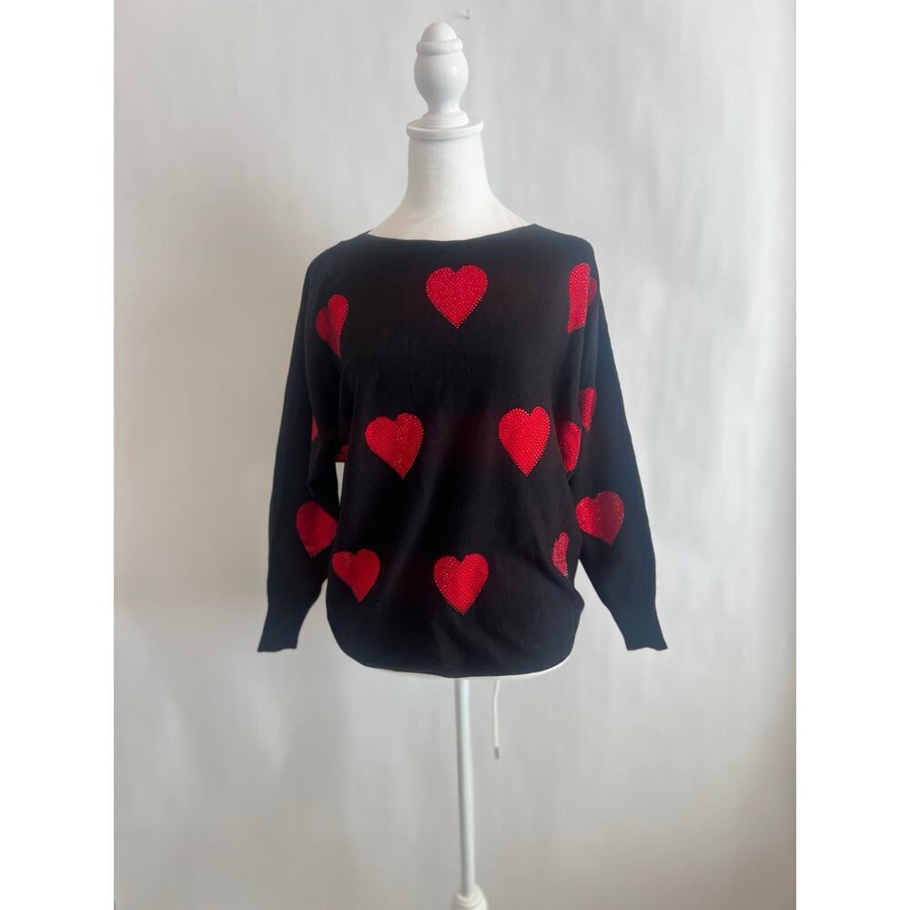 LIV MILANO BLING HEART DOLMAN SWEATER BLACK WITH RED HEARTS SIZE SMALL - Picture 1 of 11